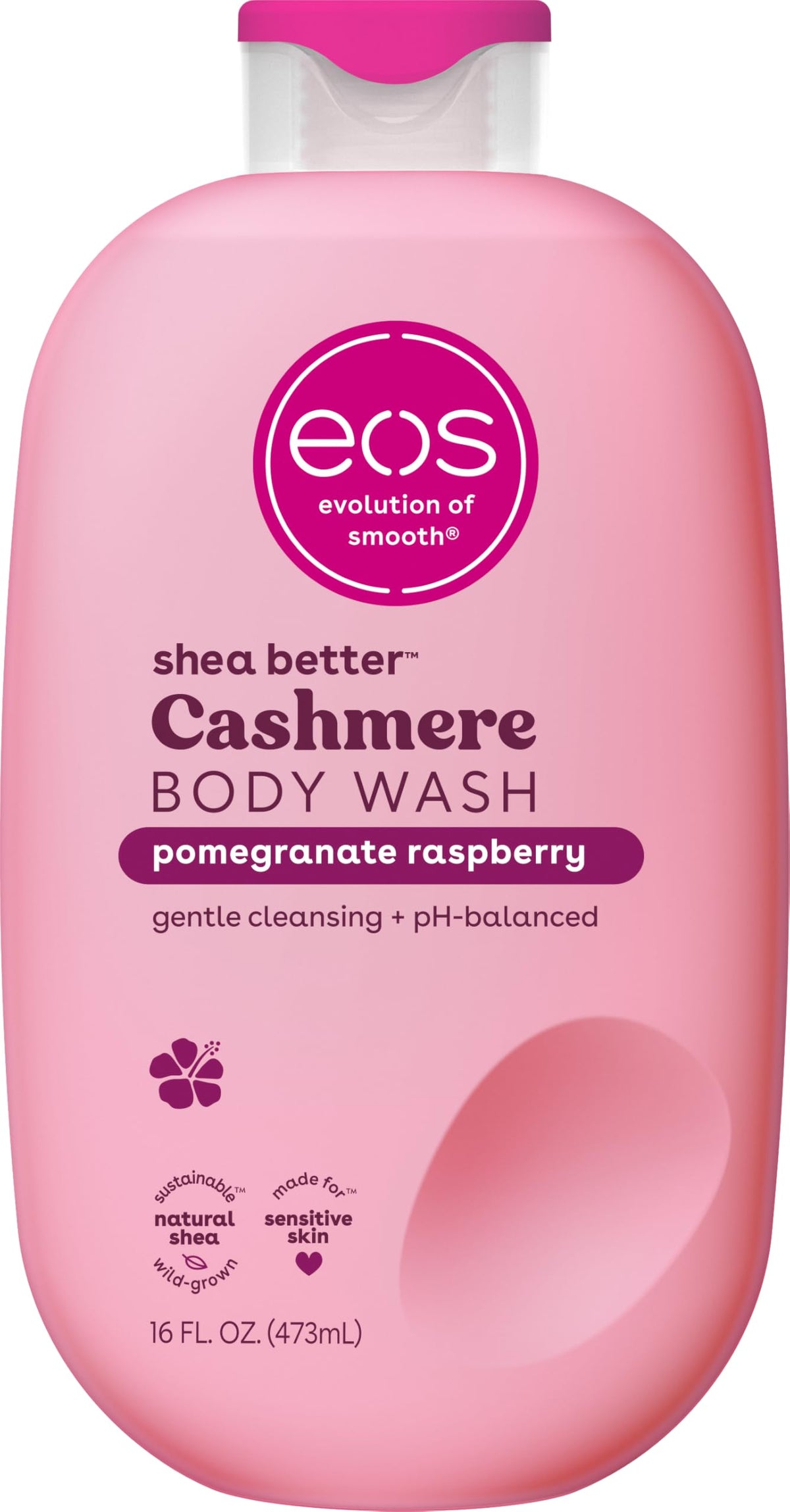 eos Cashmere Body Wash bottle shows pomegranate-raspberry scent for a refreshing shower