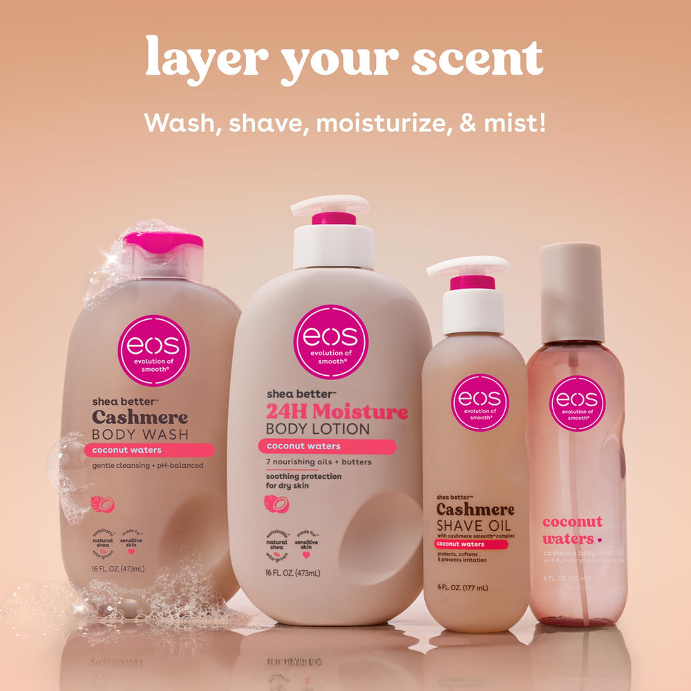 EOS Cashmere Shave Oil Coconut Waters fragrance evokes tropical coconut notes.