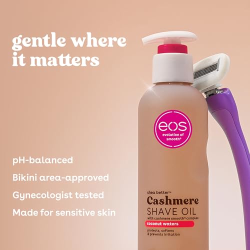 EOS Cashmere Shave Oil Coconut Waters label highlights shea butter and glycerin.