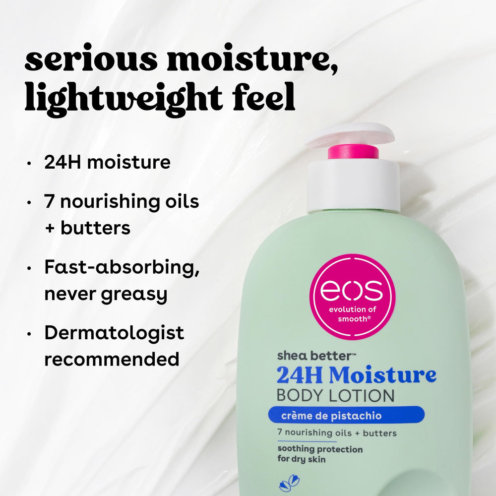 EOS Creme de Pistachio Lotion 24-hour hydration visible on skin