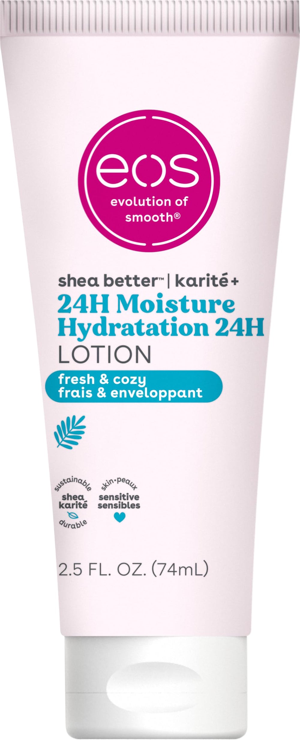 EOS Fresh & Cozy travel-size lotion bottle for on-the-go hydration.
