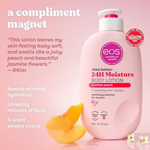 eos Jasmine Peach body lotion 24-hour hydration graphic emphasizing lasting moisture