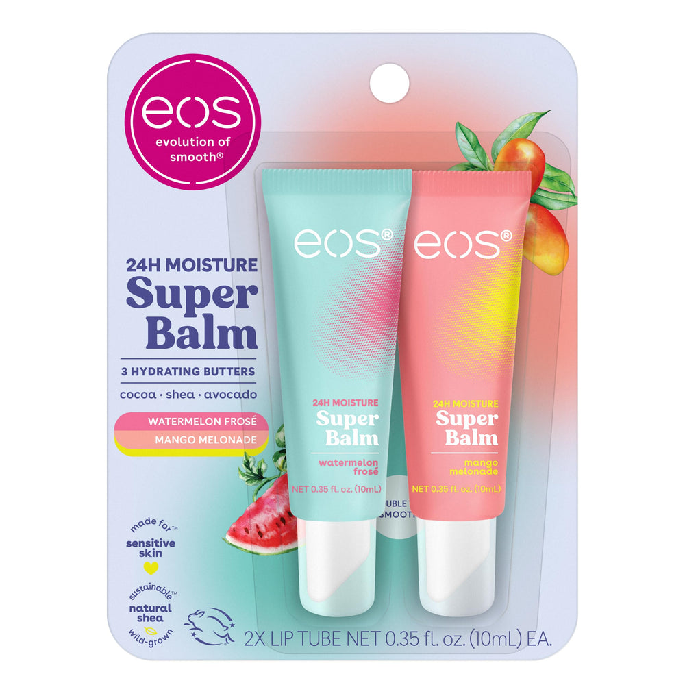 eos Watermelon Frosé lip balm close-up showing 24h hydration for dry lips