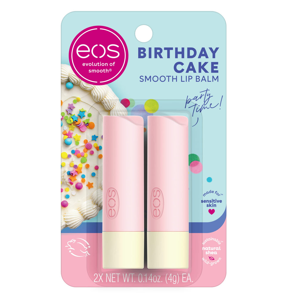EOS Natural Shea Birthday Cake lip balm tube for all-day hydration.