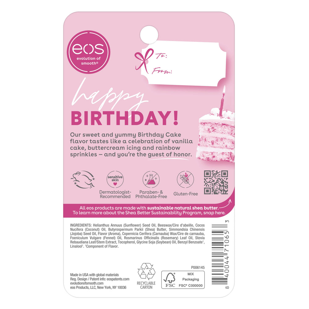 EOS pack of 2 Birthday Cake lip balms on display for daily use.