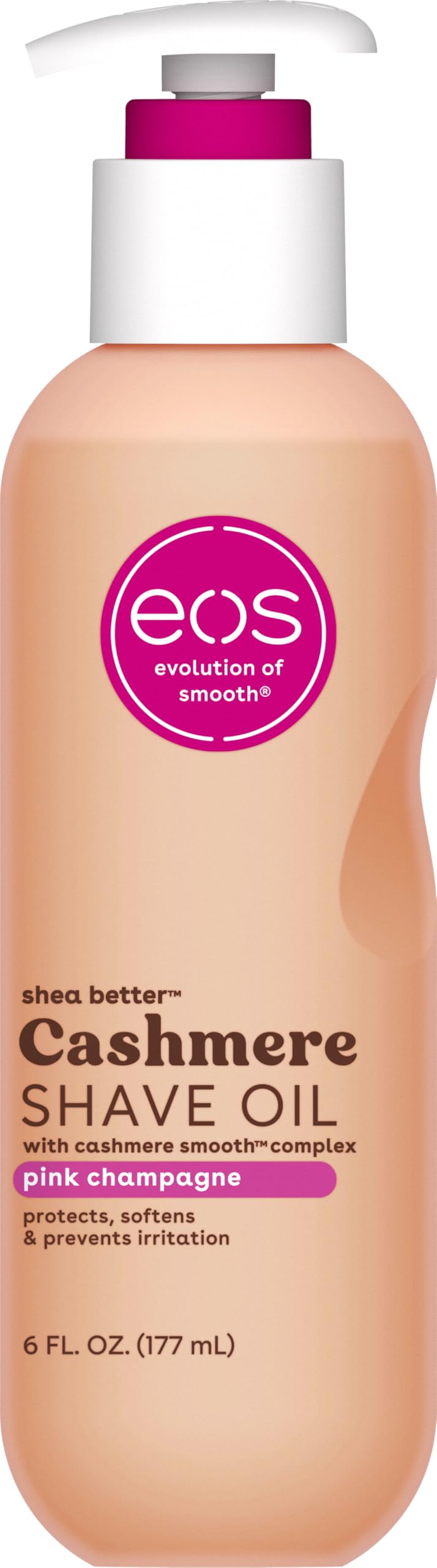 EOS Pink Champagne shave oil bottle front shows smooth glide for sensitive skin.
