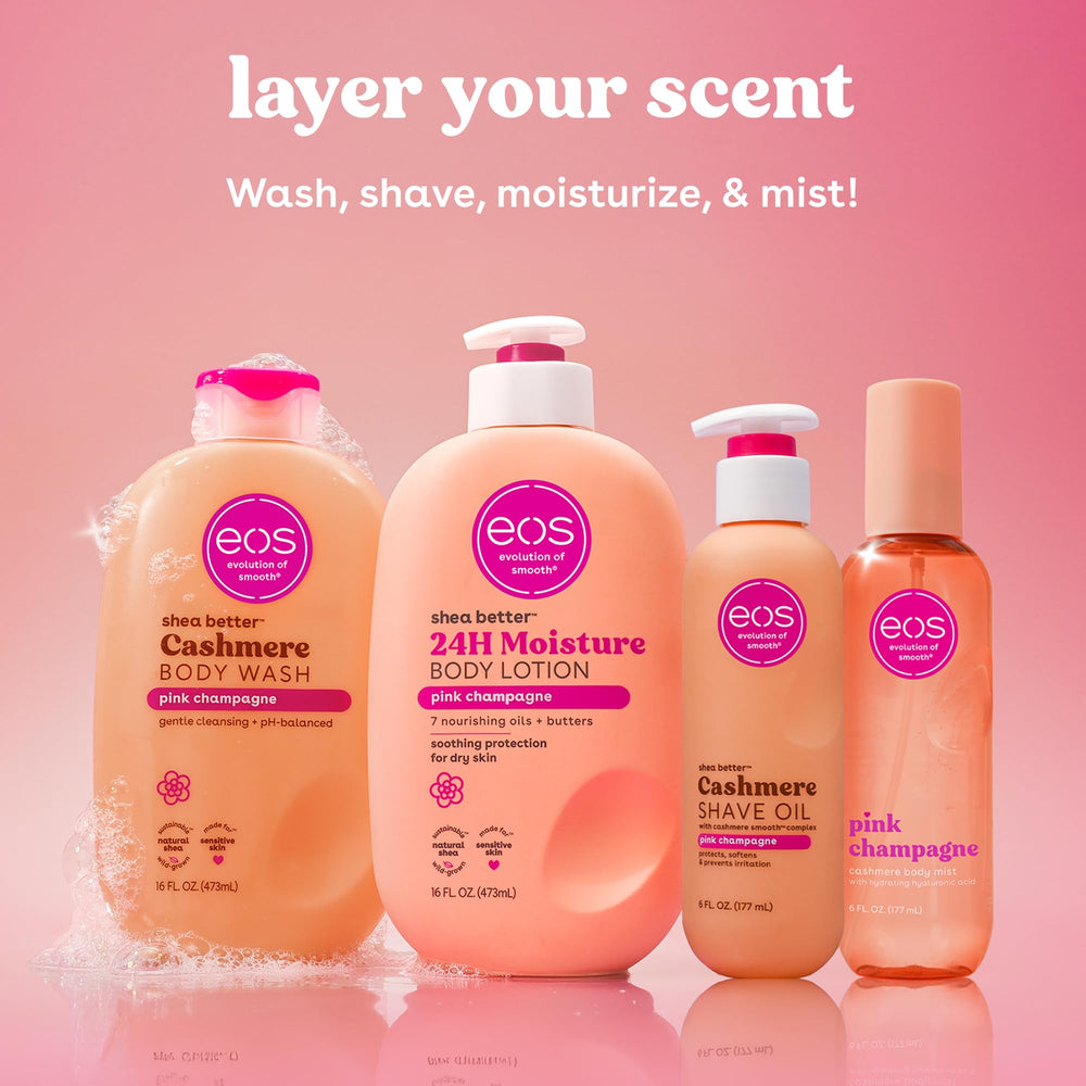 Bottle-side tilt of EOS Pink Champagne shave oil indicates controlled usage.