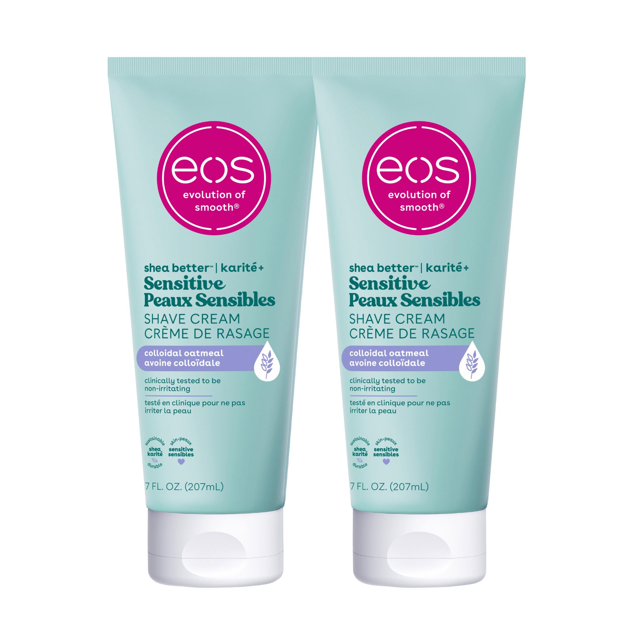 eos Shea Better Sensitive Skin Shave Cream bottle pour shows smooth application for sensitive skin