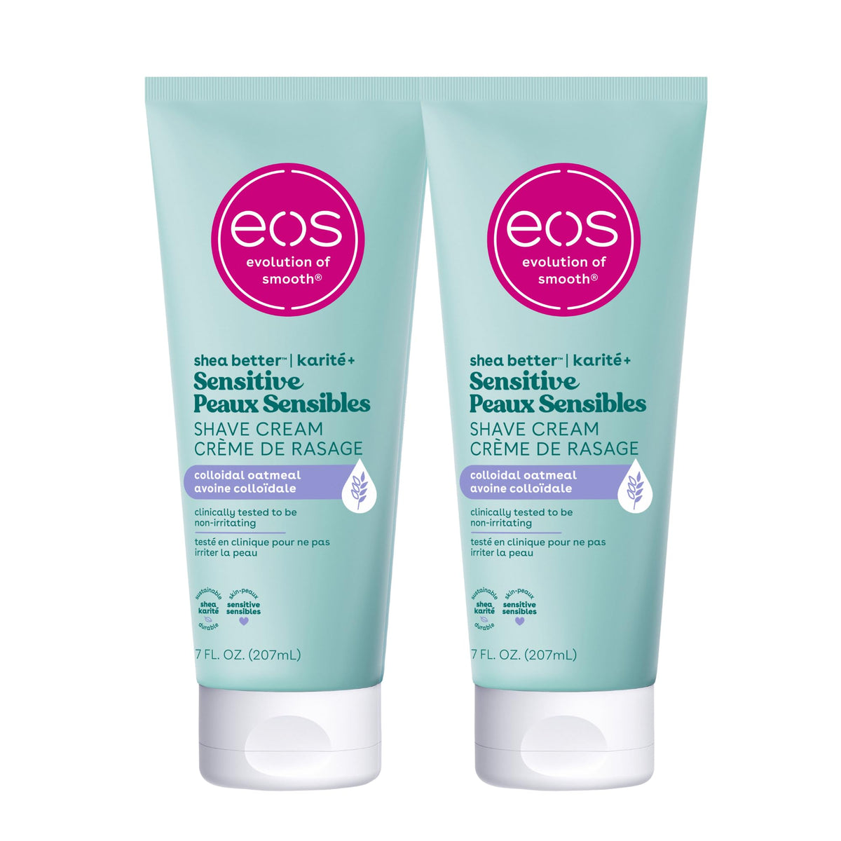 eos Shea Better Sensitive Skin Shave Cream bottle pour shows smooth application for sensitive skin
