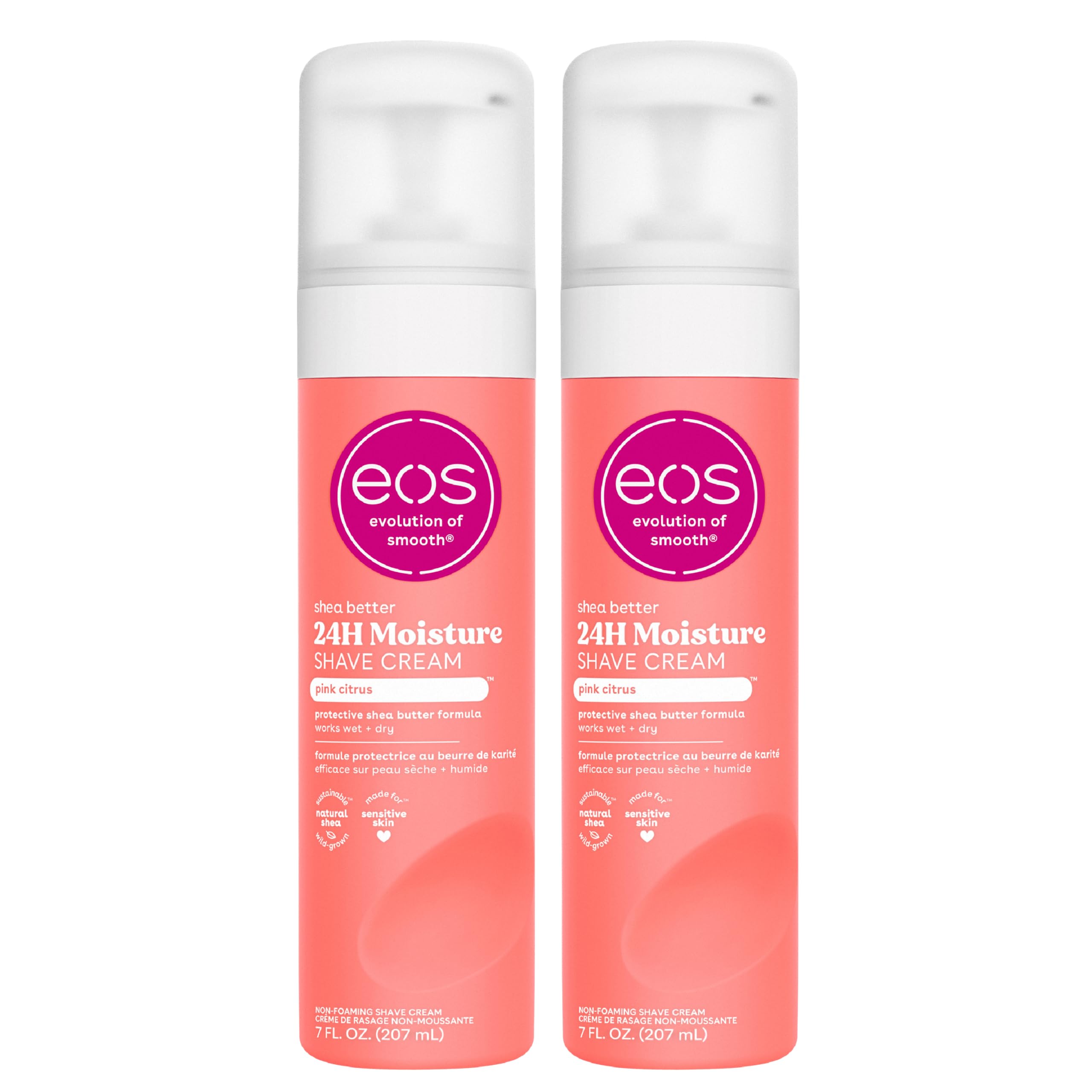eos Shea Better Shave Cream pink citrus tube front highlights smooth shaving.
