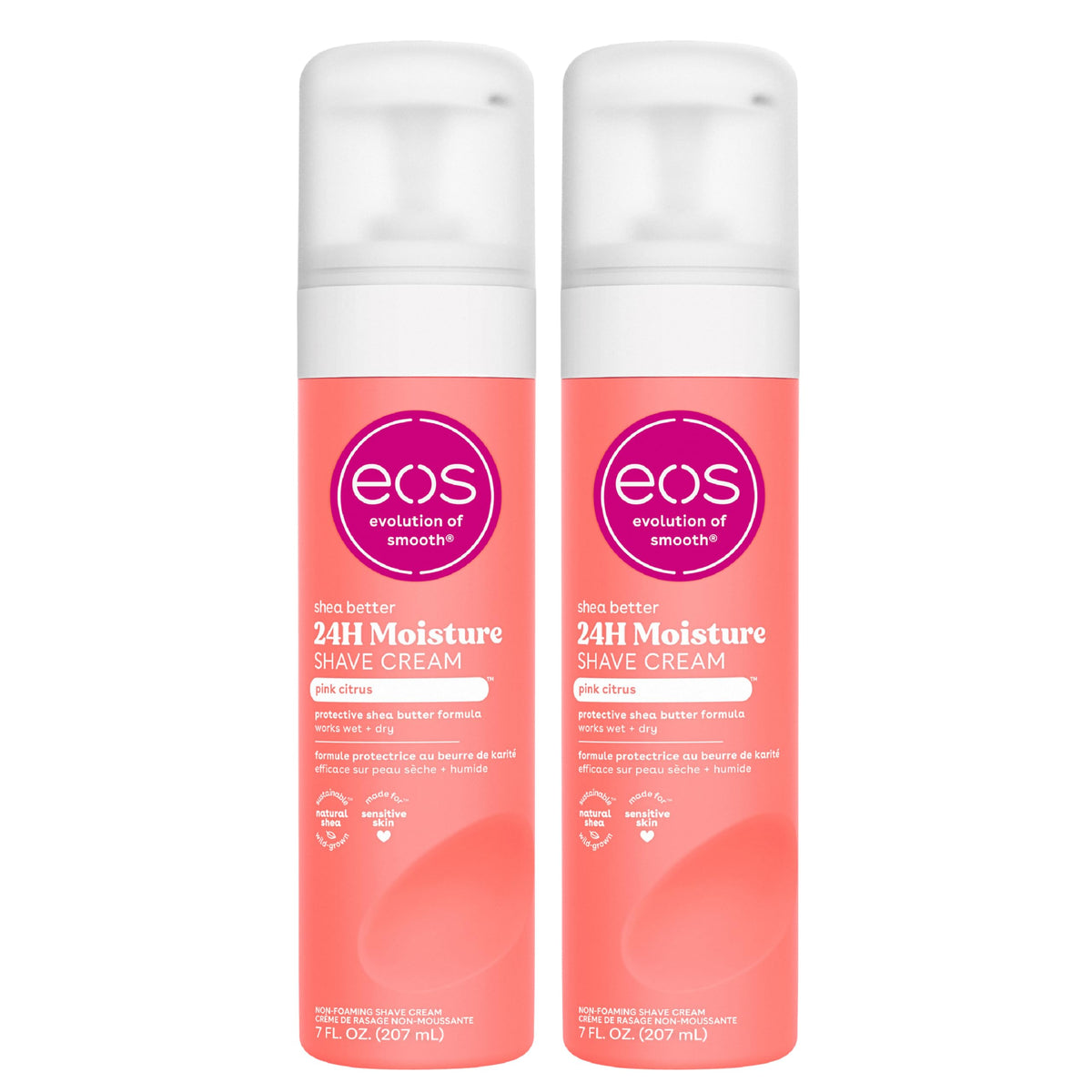 eos Shea Better Shave Cream pink citrus tube front highlights smooth shaving.