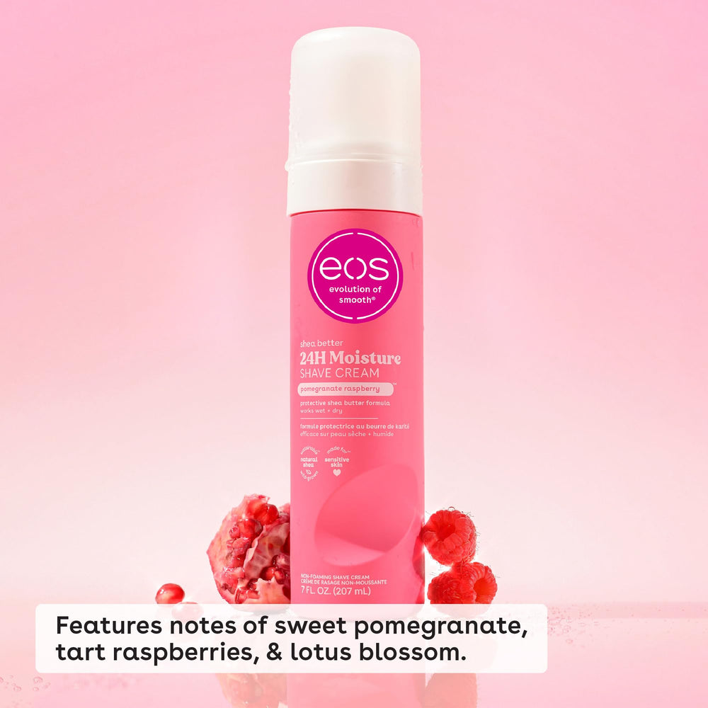 EOS shave cream texture close-up showing a creamy, non-foaming glide.