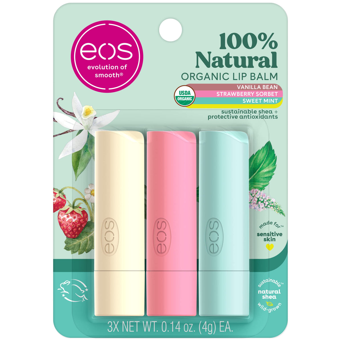 eos vanilla bean lip balm tube, smooth application and all-day hydration.
