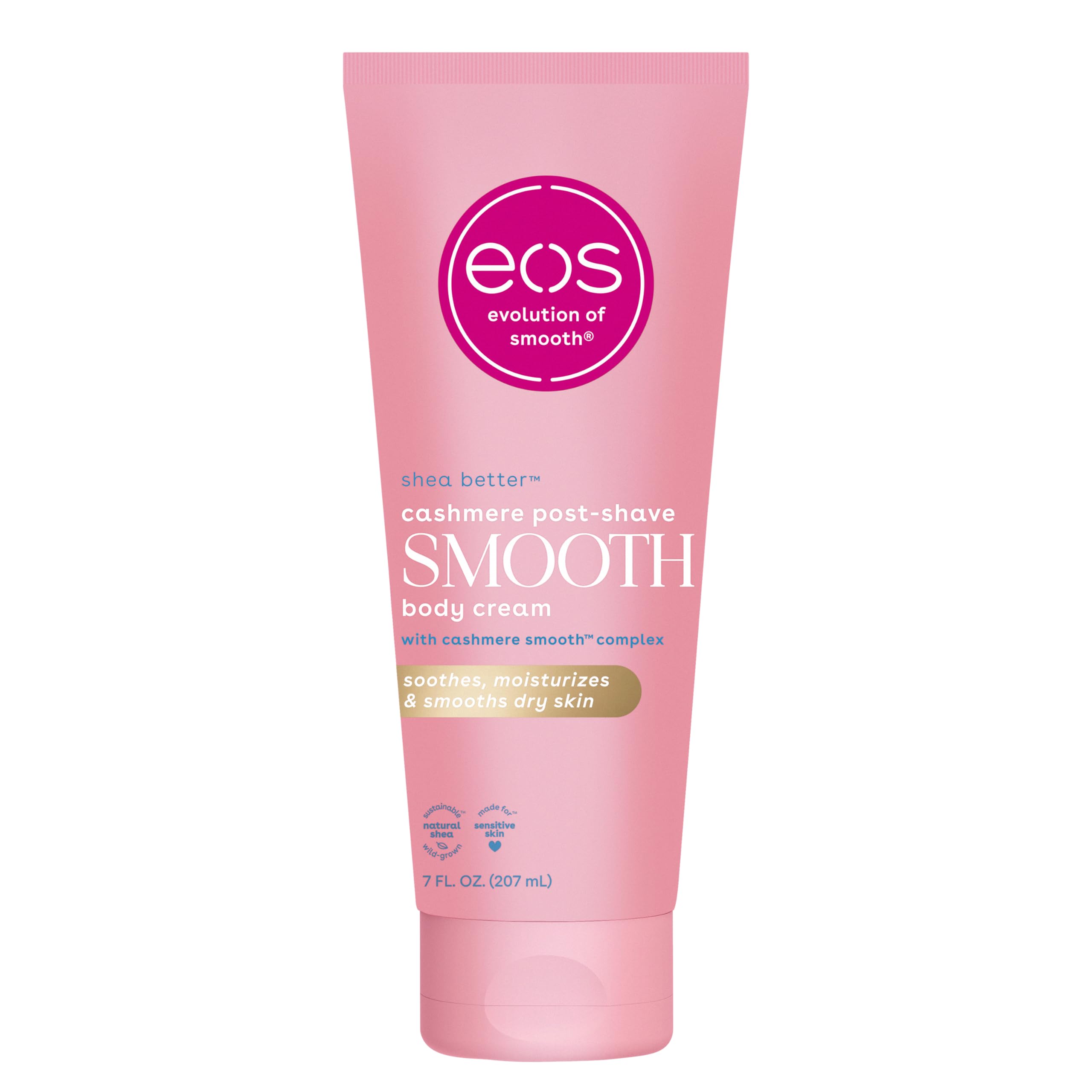 EOS Vanilla Cashmere post-shave bottle showing long-lasting hydration and smooth skin.