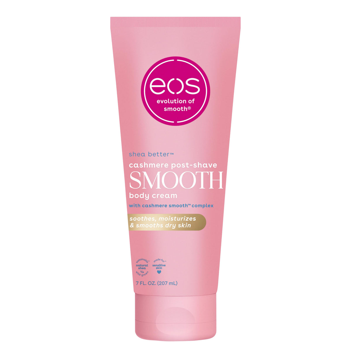 EOS Vanilla Cashmere post-shave bottle showing long-lasting hydration and smooth skin.
