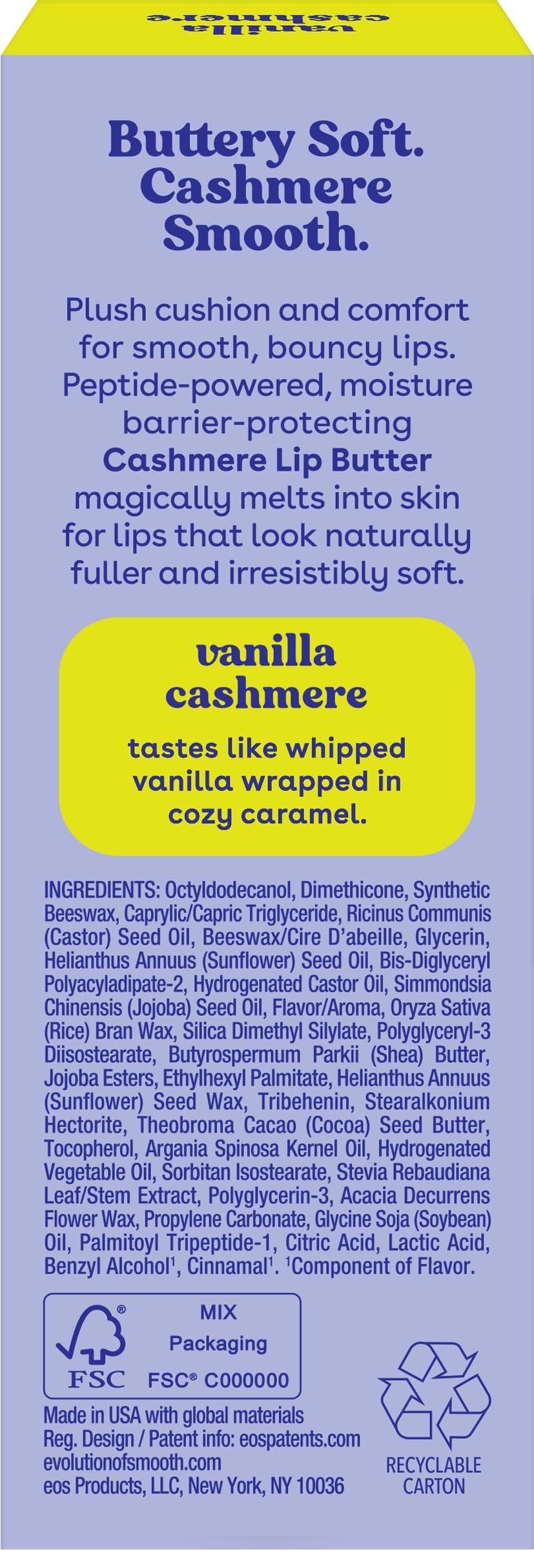 EOS Vanilla Cashmere Lip Butter swatch on skin for smooth lips