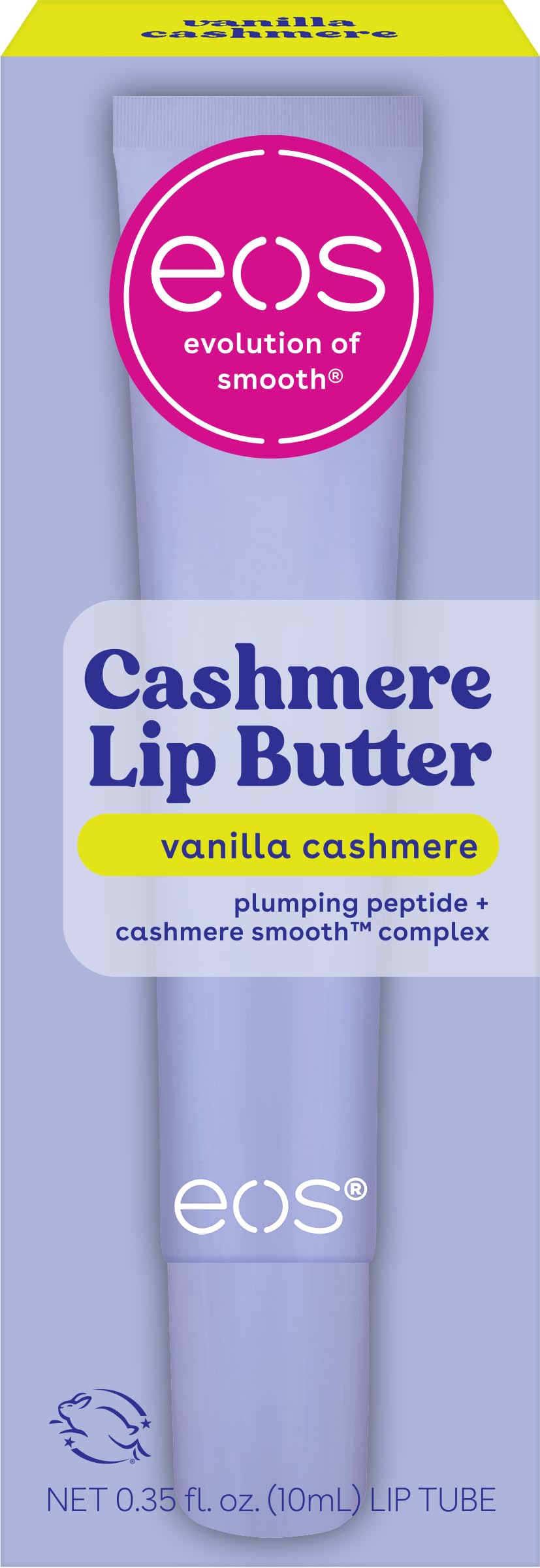 EOS Vanilla Cashmere Lip Butter tube close-up shows smooth, plush lips