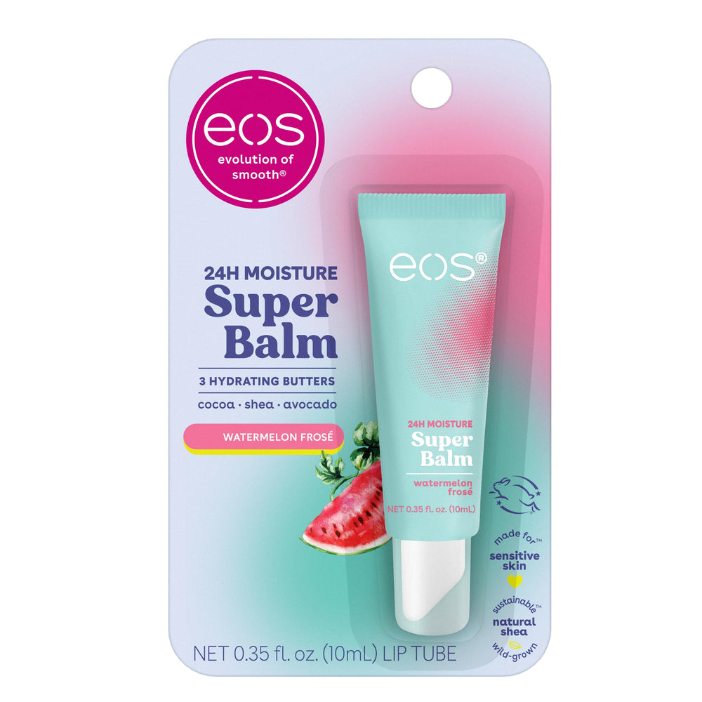 eos Watermelon Frose Super Balm jar close-up highlighting hydration for dry lips