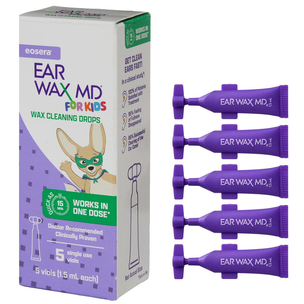 Eosera Ear Wax MD dropper application for kids provides quick, gentle relief.