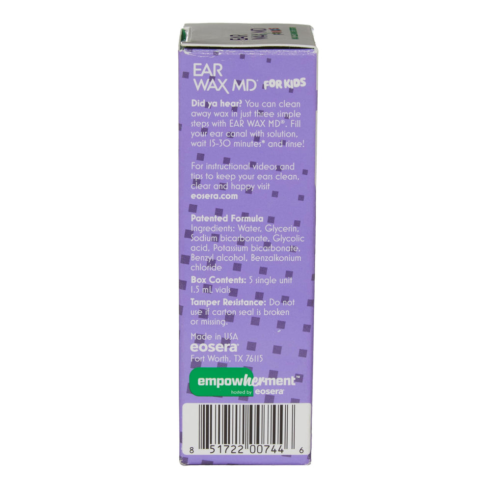 Eosera Ear Wax MD drops pack includes five vials for home use.