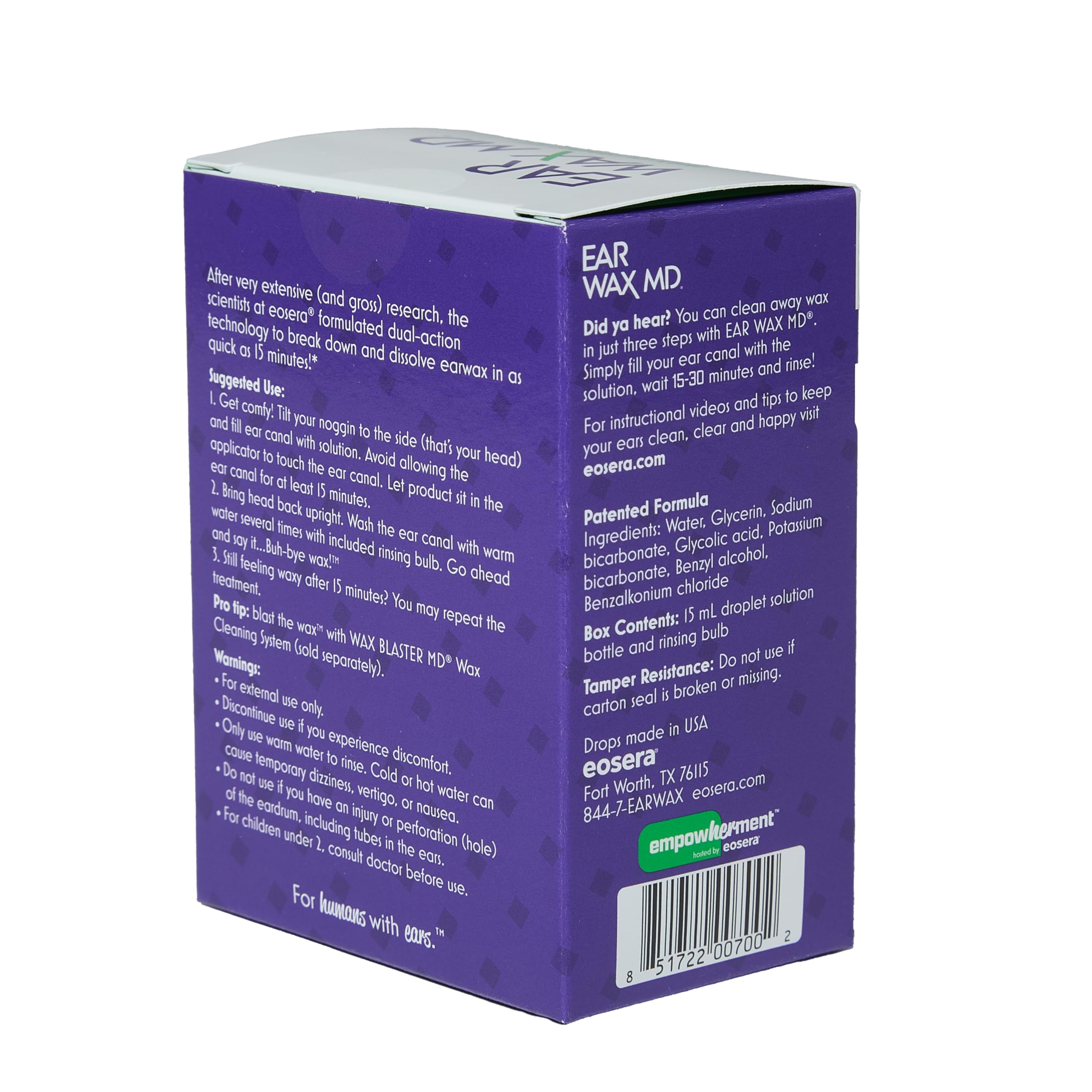 eosera Ear Wax MD made in USA badge on packaging
