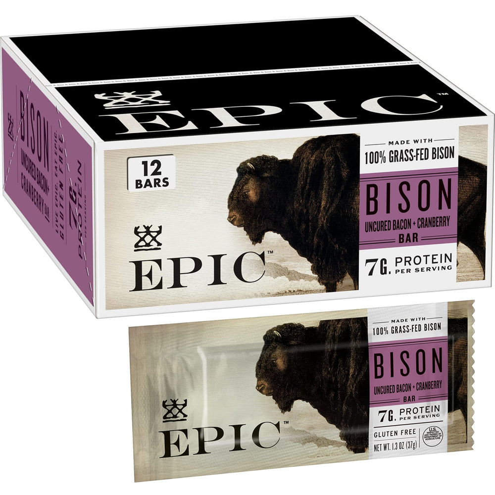 Epic Bison Uncured Bacon and Cranberry Bars box shows portable protein for busy days.