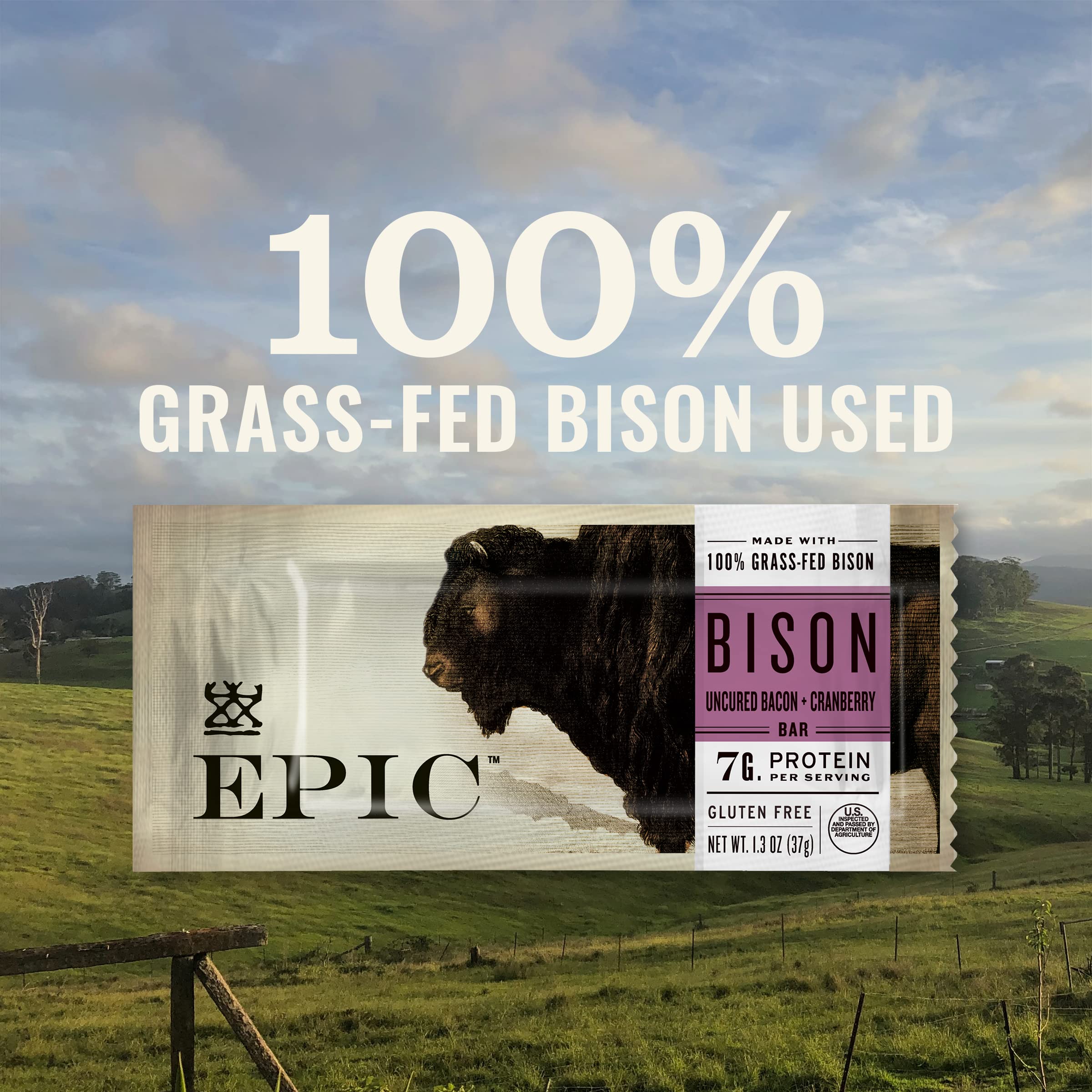 Grass-fed label on Epic Bison bars signals quality protein for active lifestyles.