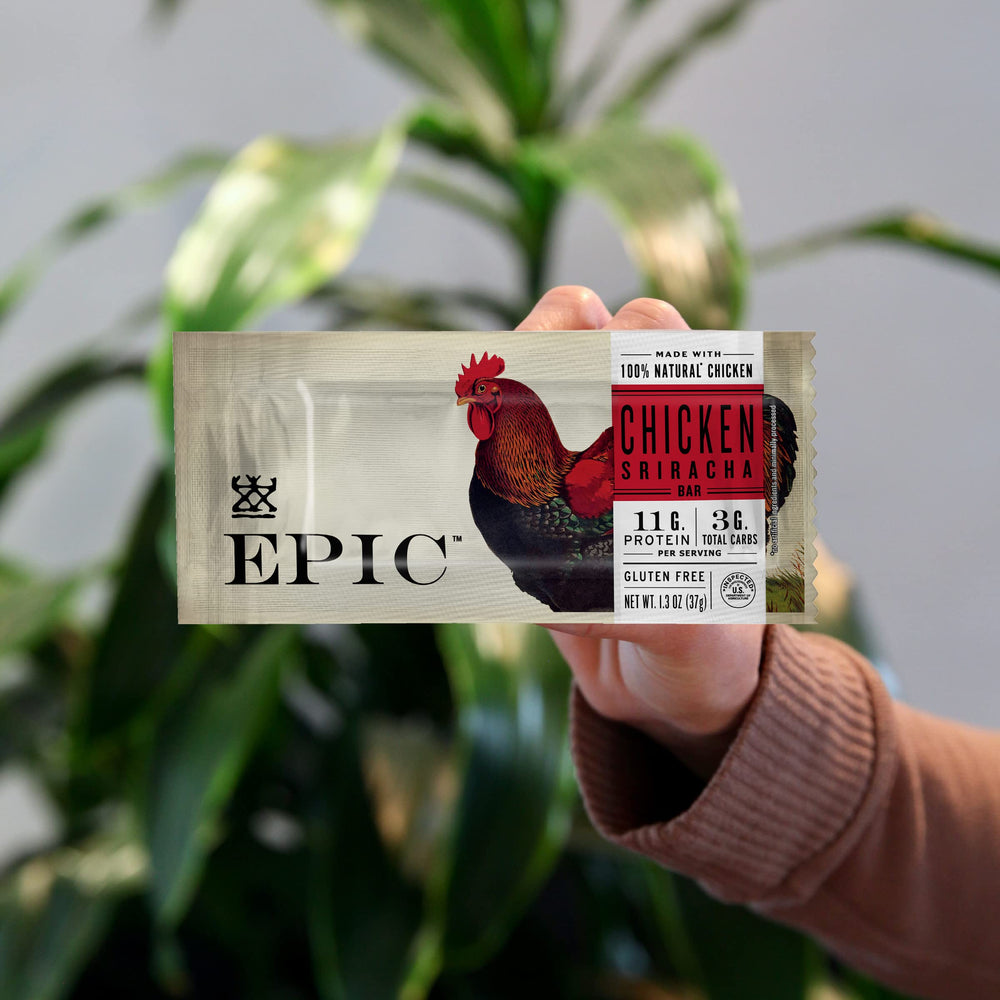 EPIC Chicken Sriracha Bar Non-GMO Gluten-Free credentials on label.