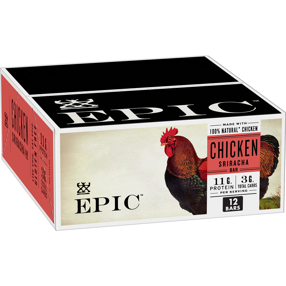EPIC Chicken Sriracha Bar pack front shows bold flavor for on the go snacking