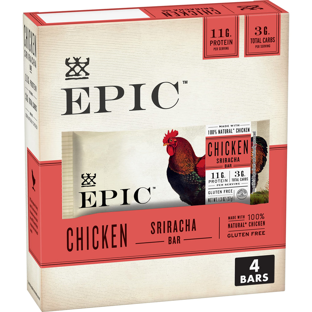 EPIC Chicken Sriracha Bar packaging highlights grab-and-go convenience.