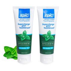 Epic Dental toothpaste bottle front view shows enamel support and fresh breath.