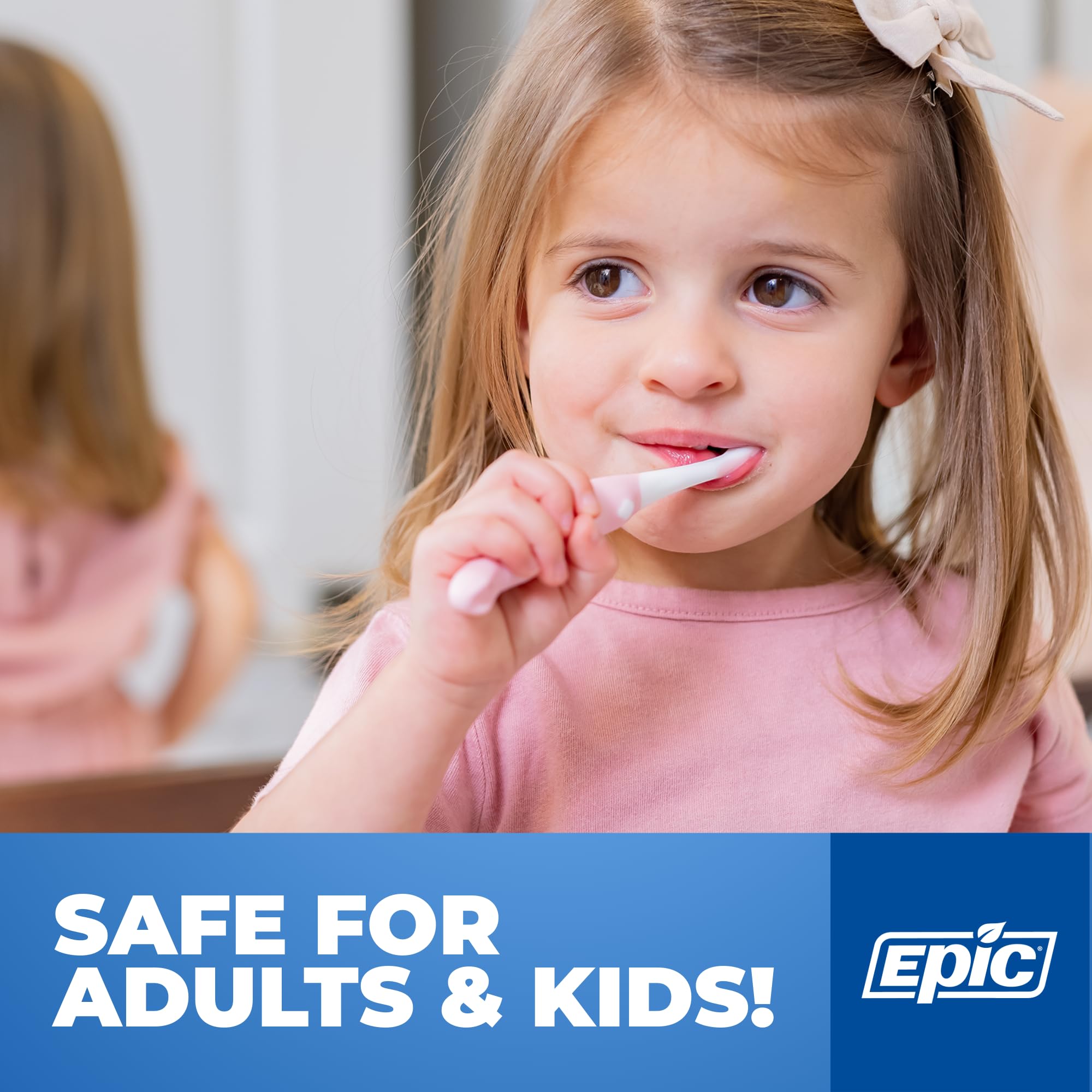 Epic Dental SLS-free logo indicates gentle daily cleaning.