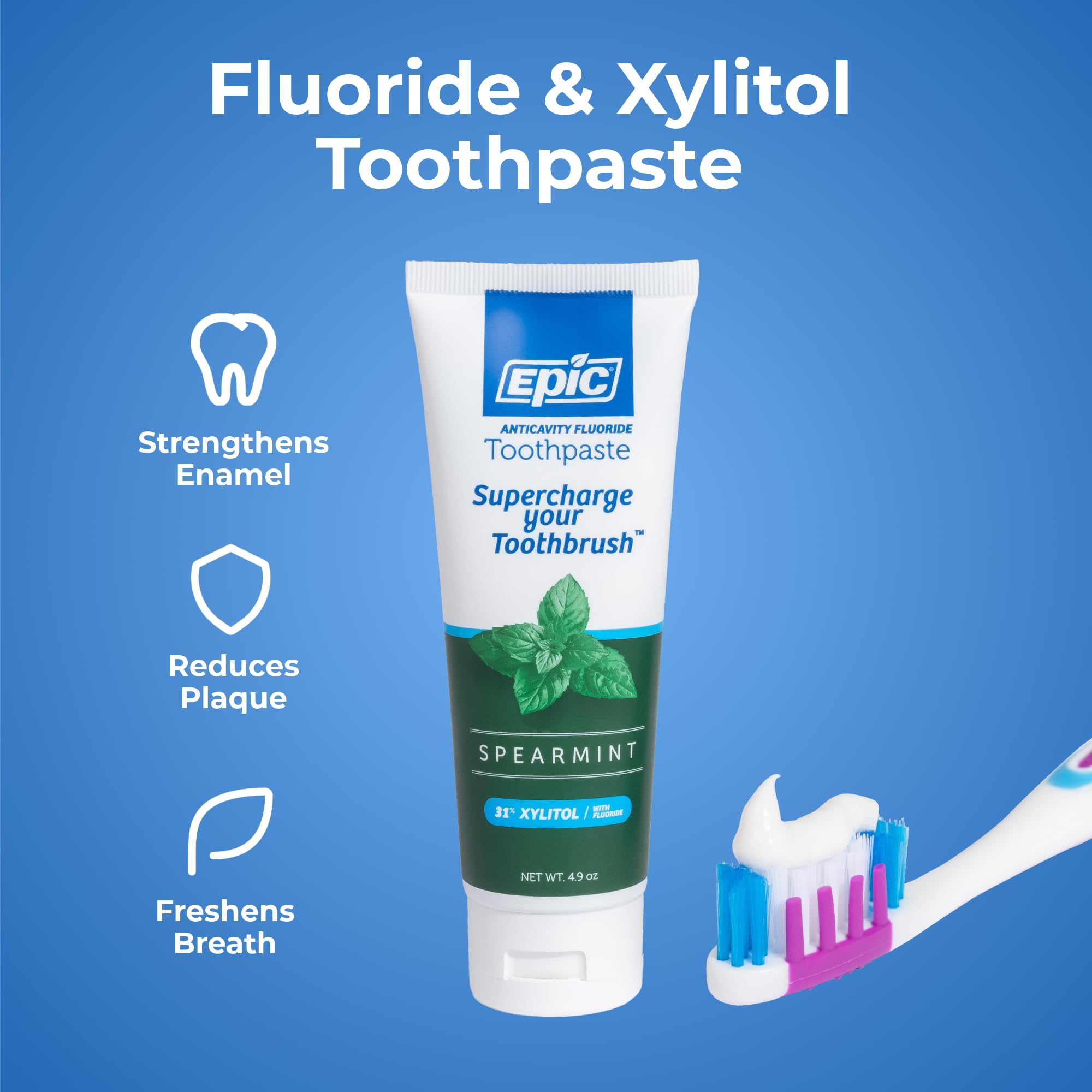 Epic Dental toothpaste swirl suggests refreshing spearmint aroma.