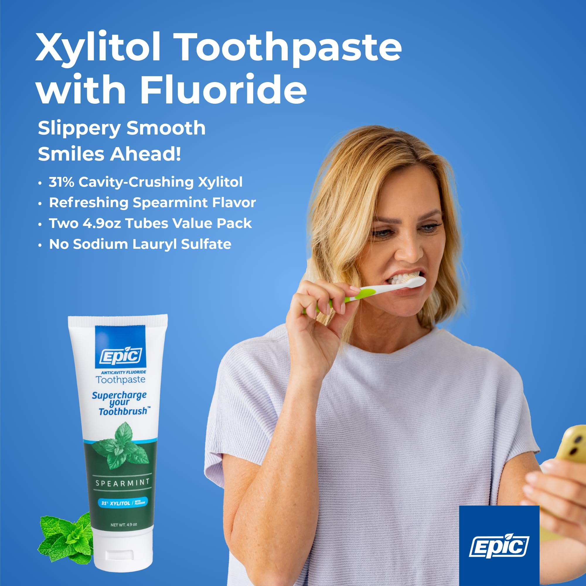 Epic Dental toothpaste tube close-up highlights spearmint flavor and fluoride.