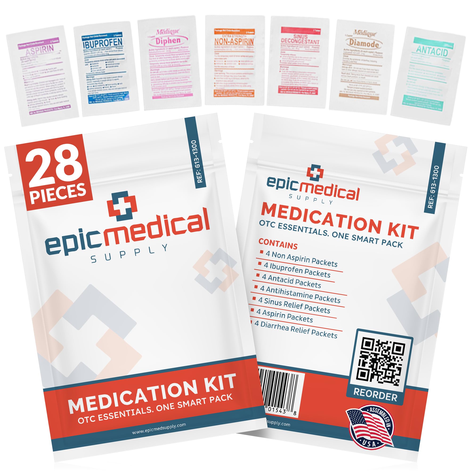 Epic Medical Supply unit-dose packets organized for quick access in a home first aid kit.