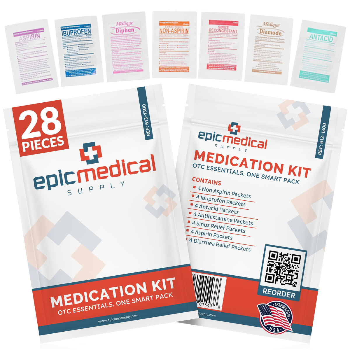 Epic Medical Supply unit-dose packets organized for quick access in a home first aid kit.