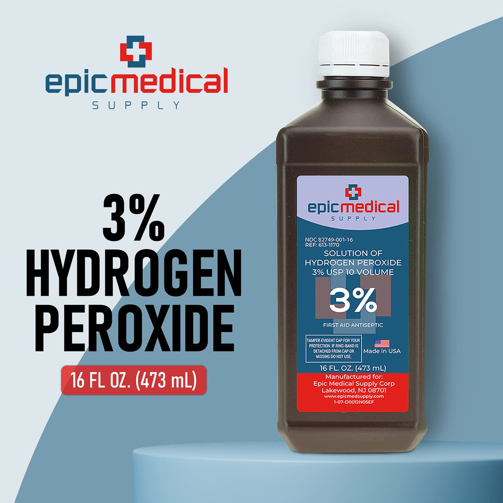 Epic Medical Supply H2O2 label close-up shows 3% USP purity.