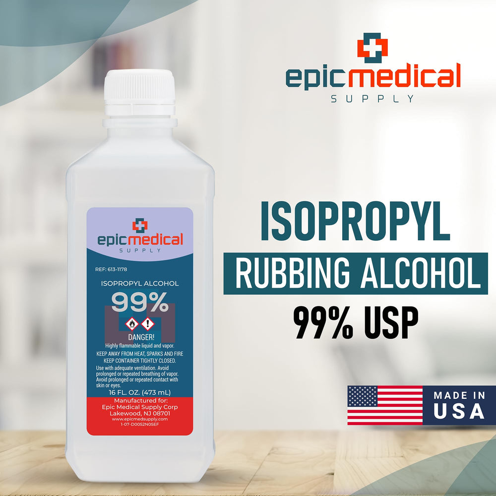 Epic Medical Supply IPA bottle label close-up showing composition and purity.