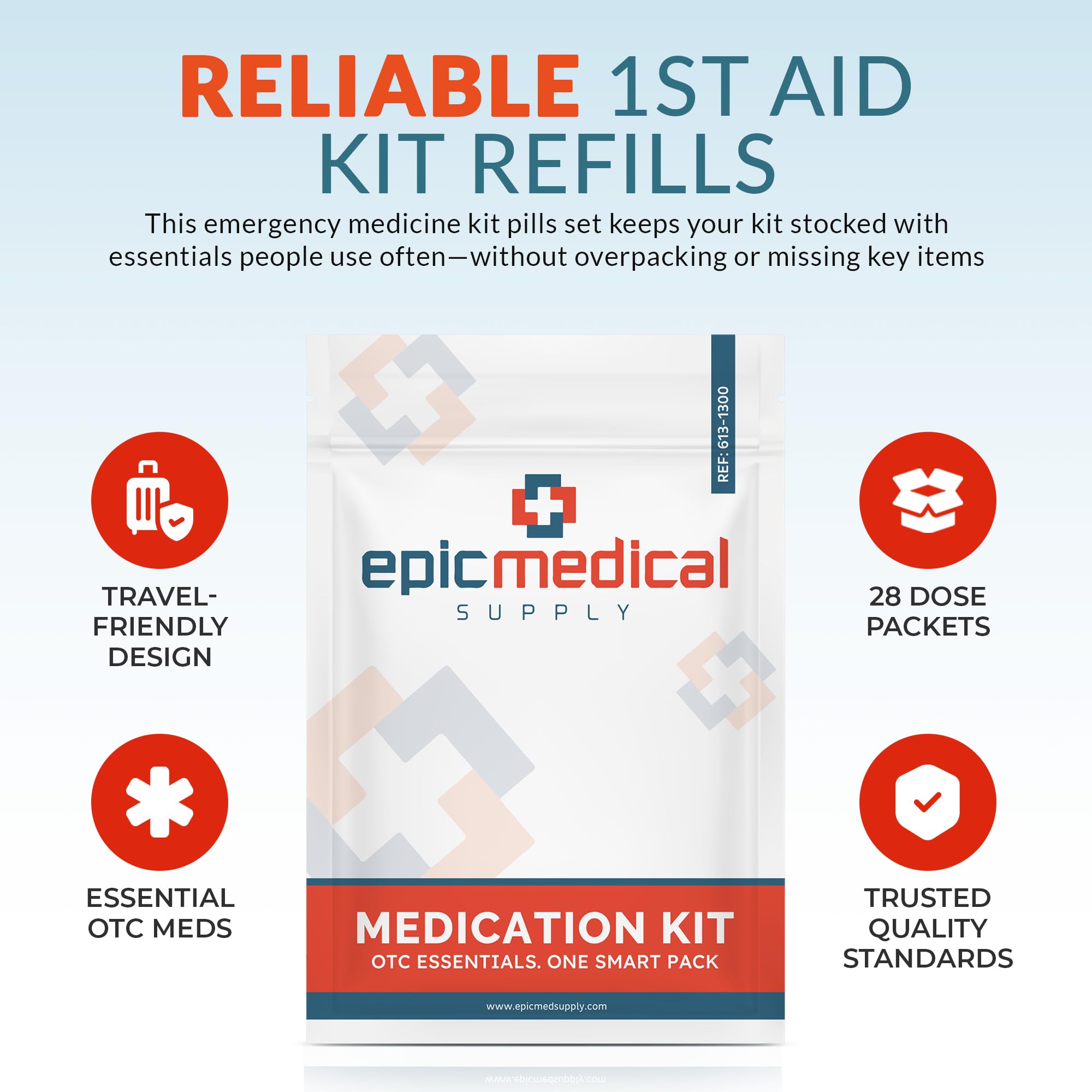 Epic Medical Supply office-dorm-use refills help keep cabinets organized.