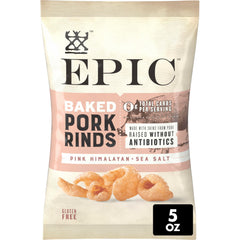 EPIC Pink Himalayan sea salt baked pork rinds bag shows crisp texture and protein boost.