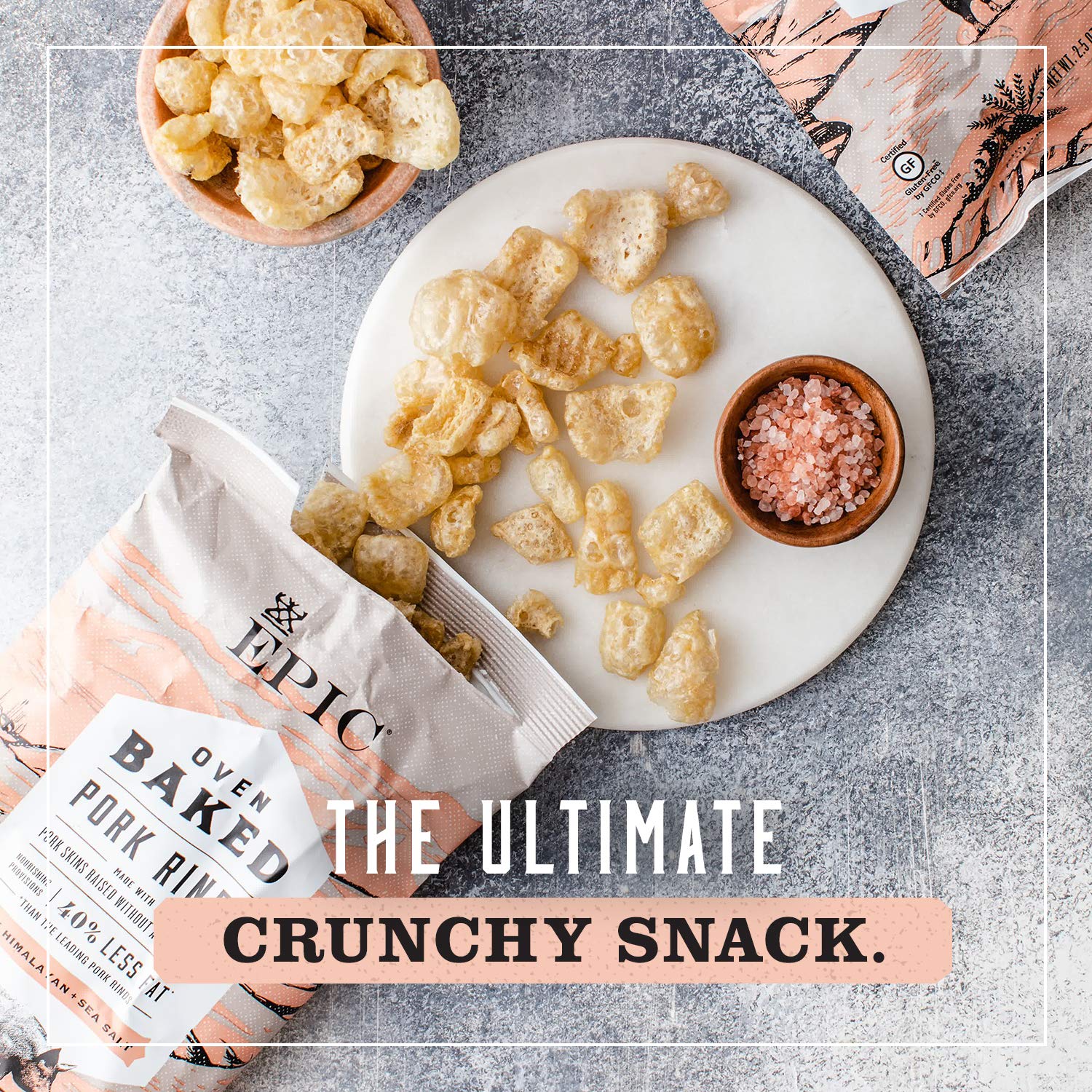 EPIC pork rinds packaging box displaying four-pack convenience