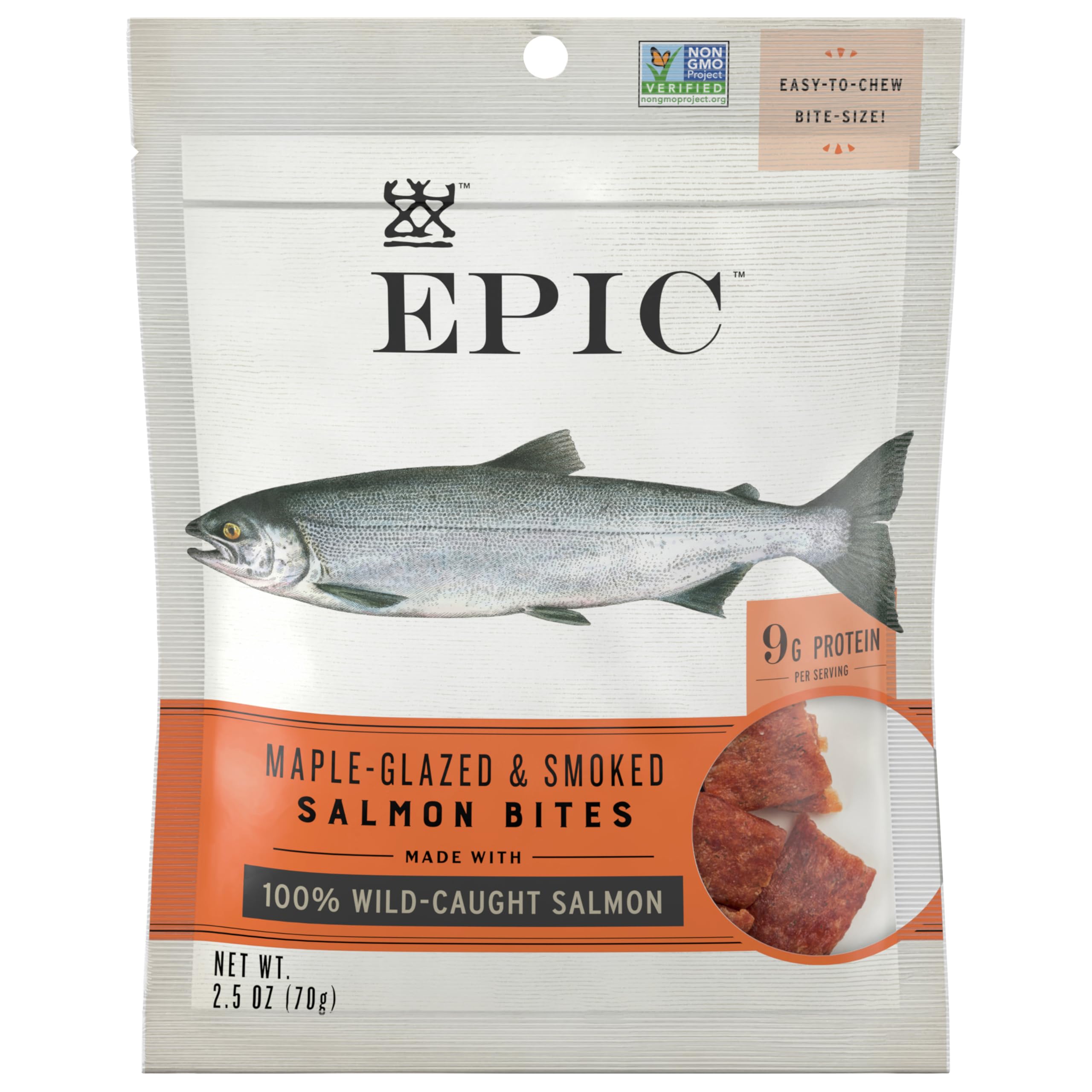 Epic Salmon Jerky Bites product image showing maple and coconut oil flavor, ideal high-protein snack