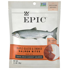 Epic Salmon Jerky Bites product image showing maple and coconut oil flavor, ideal high-protein snack