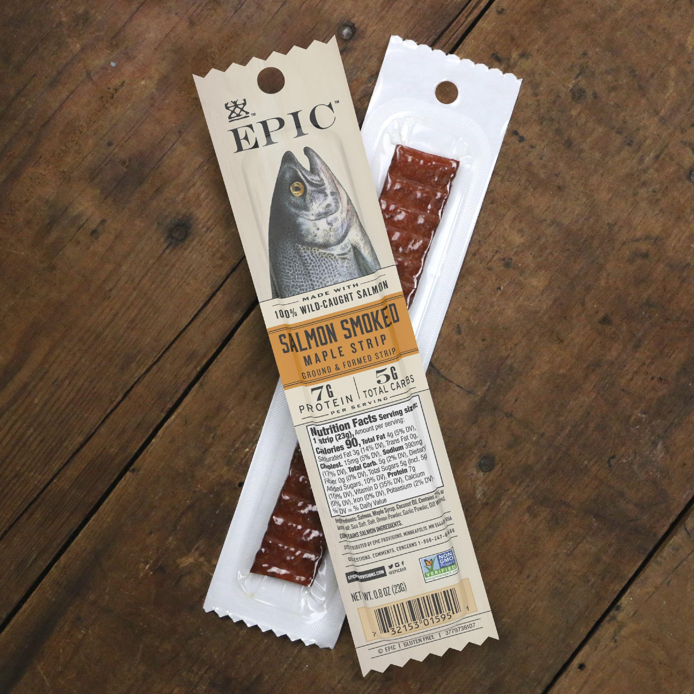 EPIC Smoked Maple Salmon Strips on desk ready for office snack.