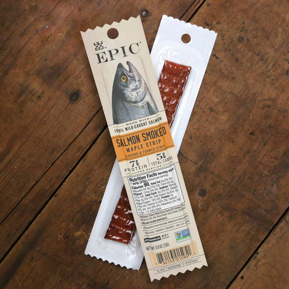 EPIC Smoked Maple Salmon Strips on desk ready for office snack.
