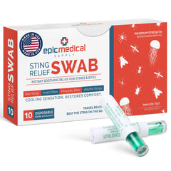 Epic Medical Supply Sting Relief Swab pack shown, portable bite relief for outdoor adventures.