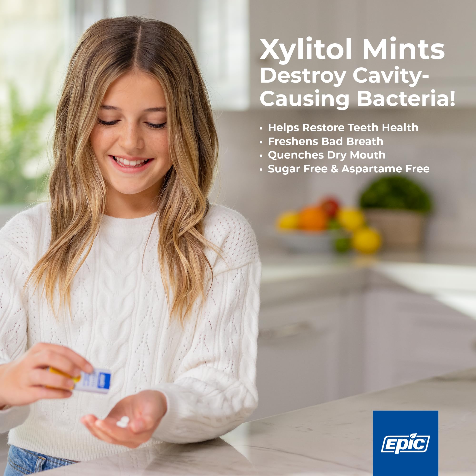 Epic Xylitol Mints open-pack display shows convenient sugar-free breath refreshment