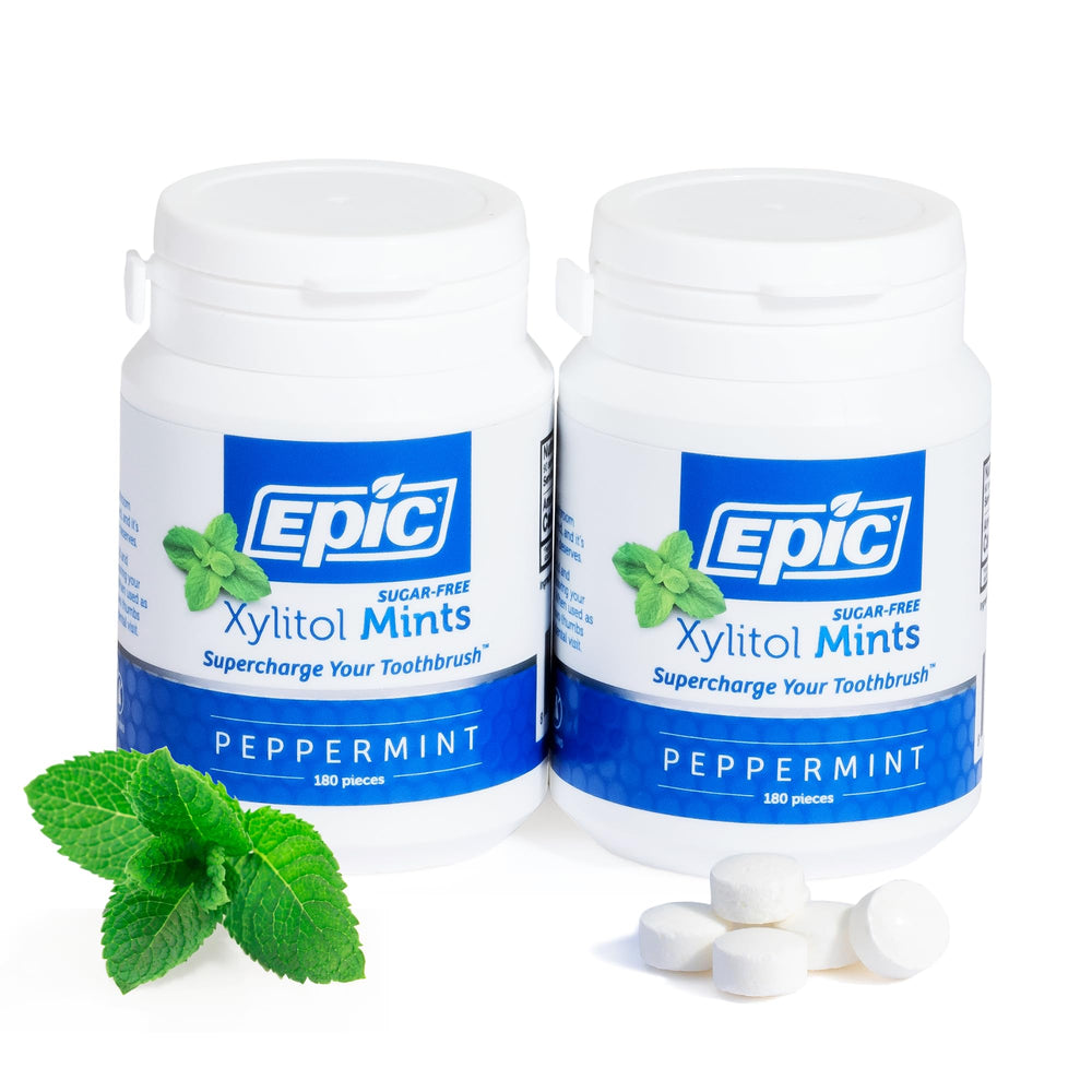 Epic 100% Xylitol Mints pack shot highlights a refreshing peppermint option