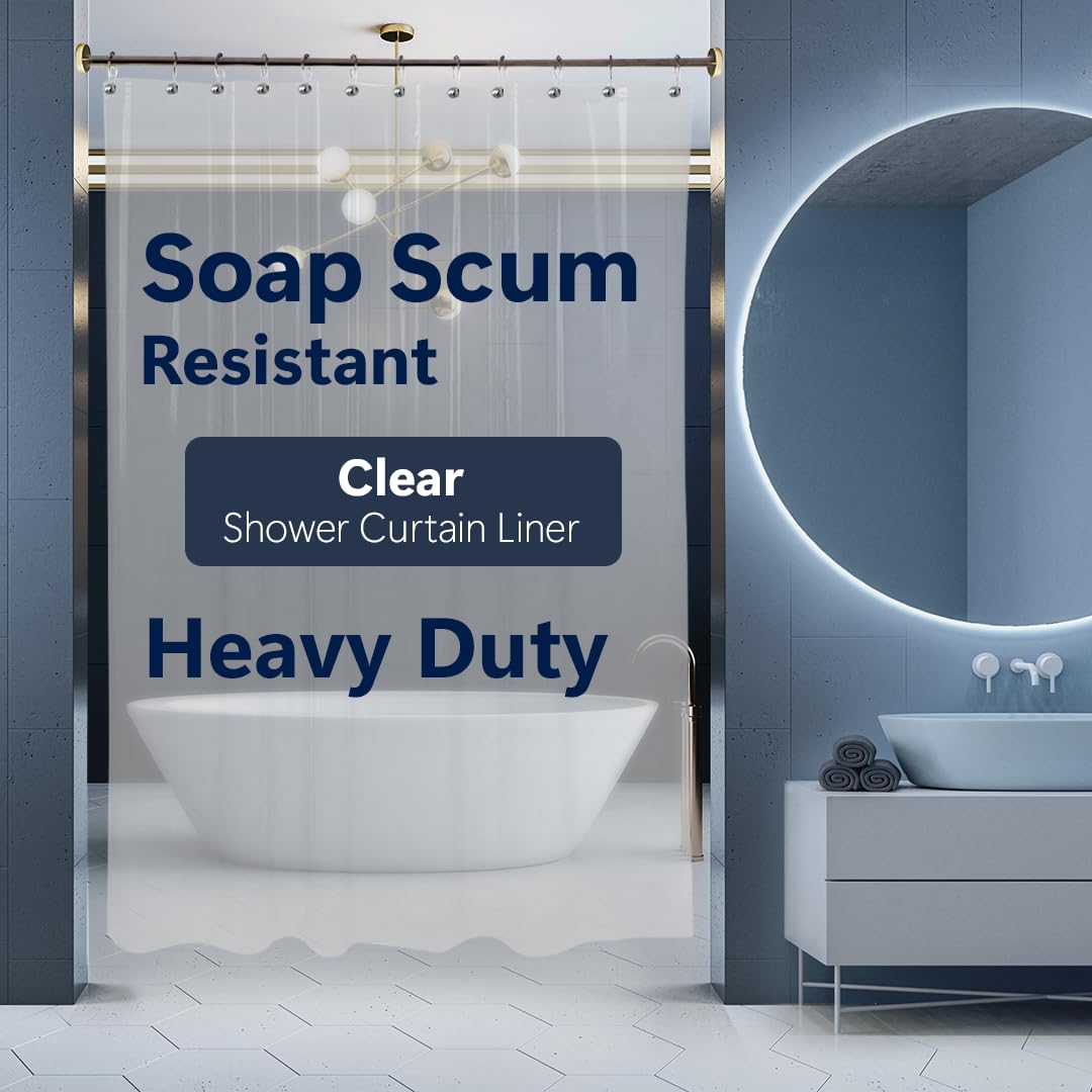 Epica shower curtain clear vinyl 72x72 provides a bright, easy-to-clean bathroom.