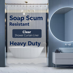 Epica shower curtain clear vinyl 72x72 provides a bright, easy-to-clean bathroom.